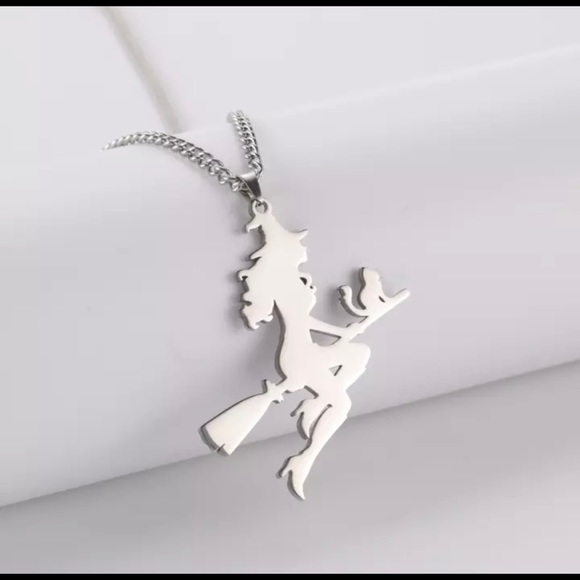 Vintage Witch Broom Cat Stainless Steel Necklace - Picture 12 of 16